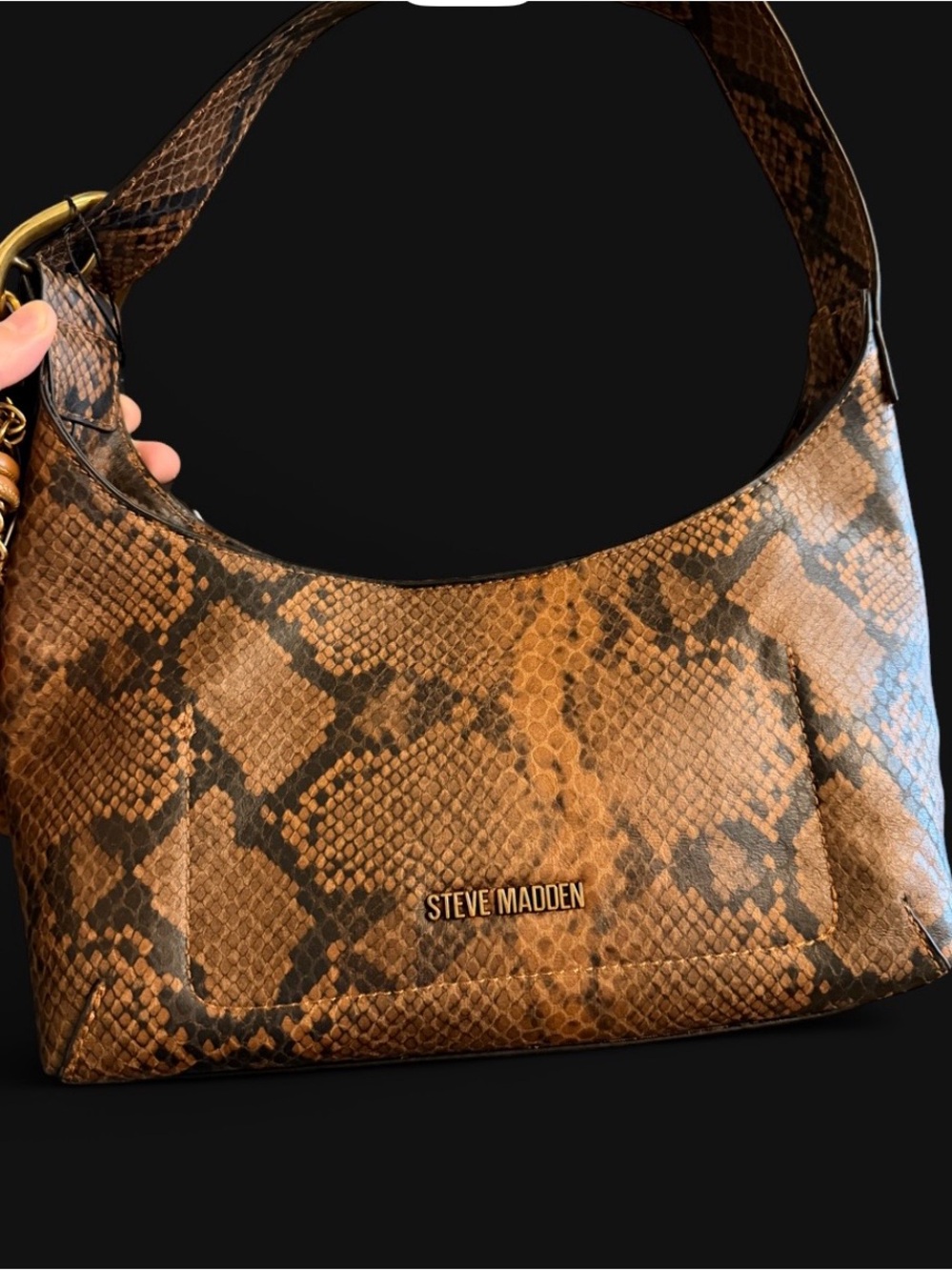 Steve Madden Brown Snakeskin Shoulder Bag NWT Gold Hardware Charm Detail